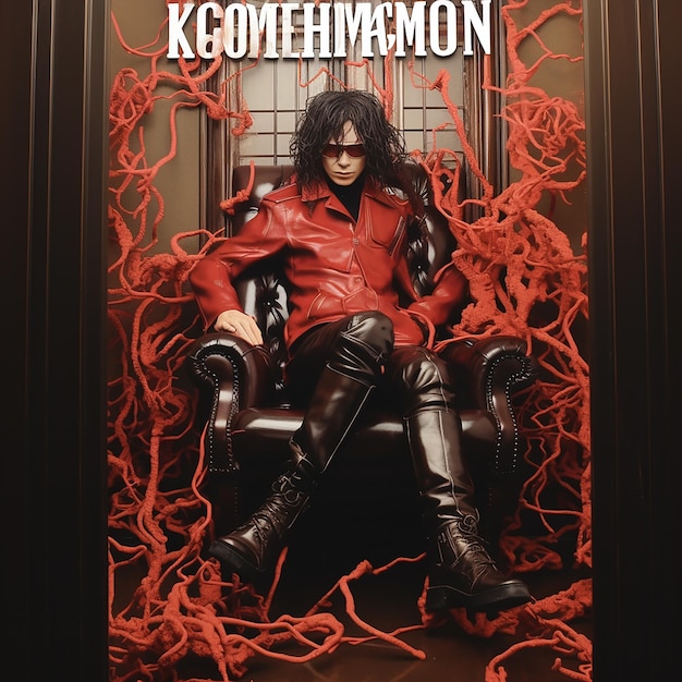3d renderowany model anime na pierwszej stronie czasopisma siedzący na krześle z ciemnoczerwonym tłem