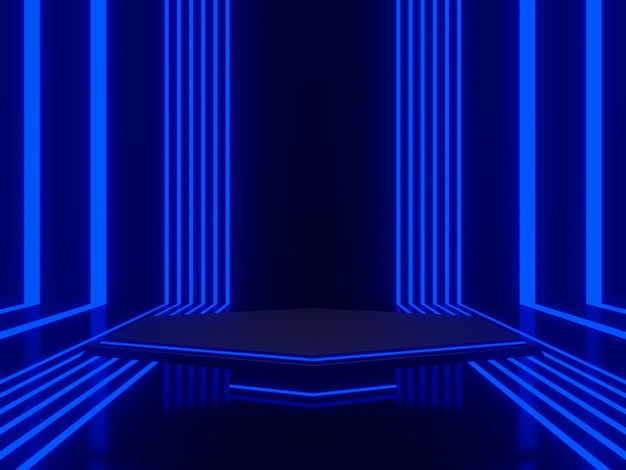 3D renderowany niebieski pasiasty neon na czarnym tle