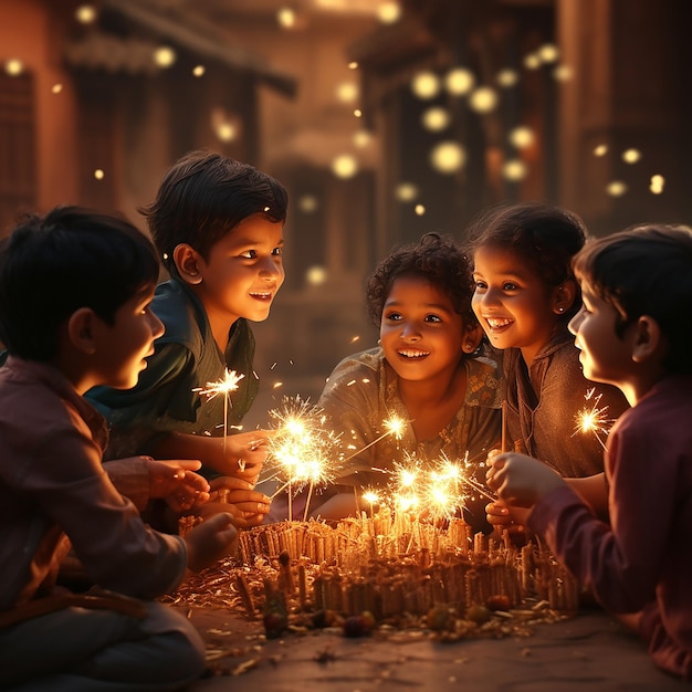3D renderowany obraz Diwali dzieci bawiących się petardami
