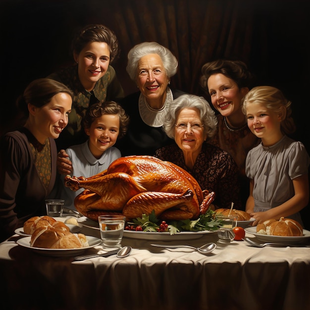 3D renderowany obraz rodziny przy stole na Święto Dziękczynienia
