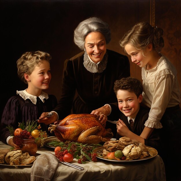 Zdjęcie 3d renderowany obraz rodziny przy stole na święto dziękczynienia