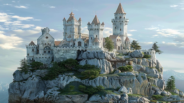3D renderowany pływający zamek na niebie na skale