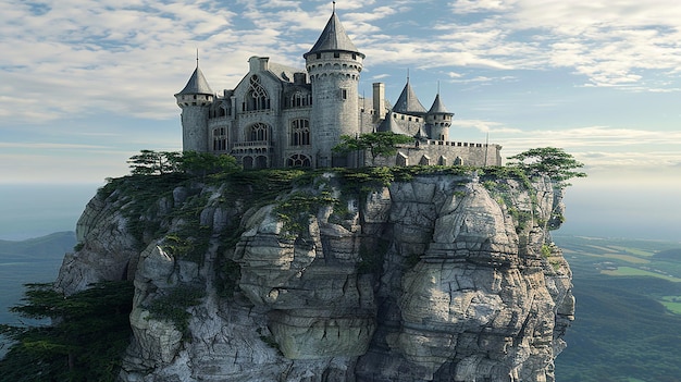 3D renderowany pływający zamek na niebie na skale