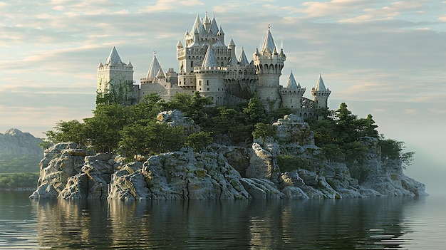 3D renderowany pływający zamek na niebie na skale
