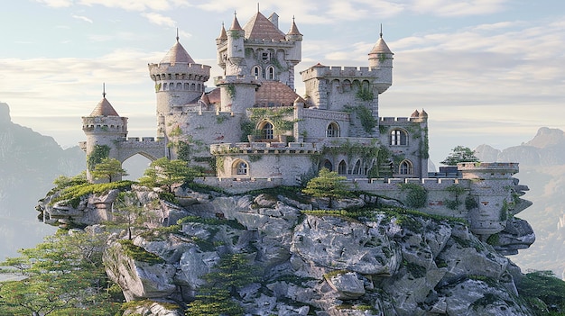 3D renderowany pływający zamek na niebie na skale