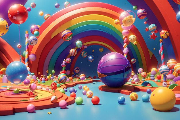 3D renderowany rainbow land z gwiazdowymi cukierkami i latającymi kulami