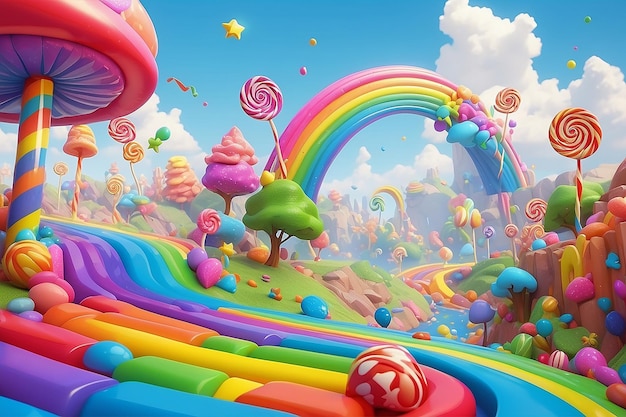 3d renderowany rainbow land z gwiezdnymi cukierkami i latającymi kulami