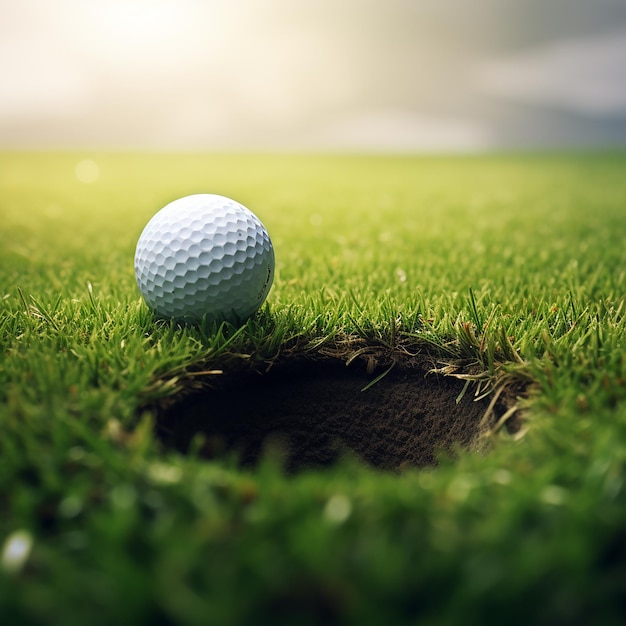 3D renderowany realistyczny obraz piłki golfowej na trawiastym terenie w pobliżu kubka