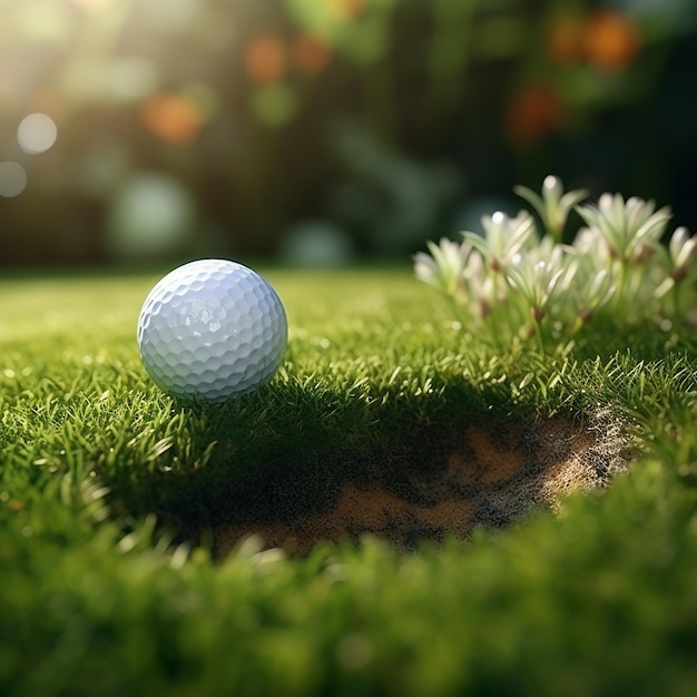 3D renderowany realistyczny obraz piłki golfowej na trawiastym terenie w pobliżu kubka