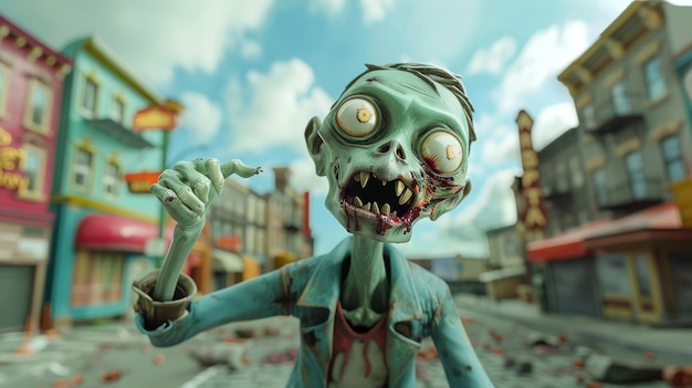 3D renderowany zombie jako przewodnik turystyczny pokazujący zabytki w mieście w stylu kreskówki