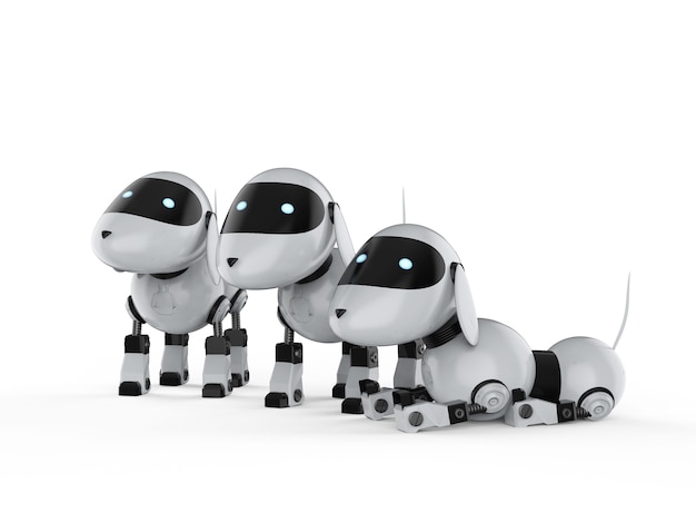 3d renderująca grupa psich robotów na białym tle