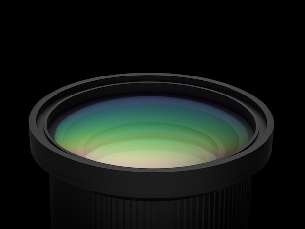 Zdjęcie 3d renderujący czarny obiektyw aparatu na czarnym tle