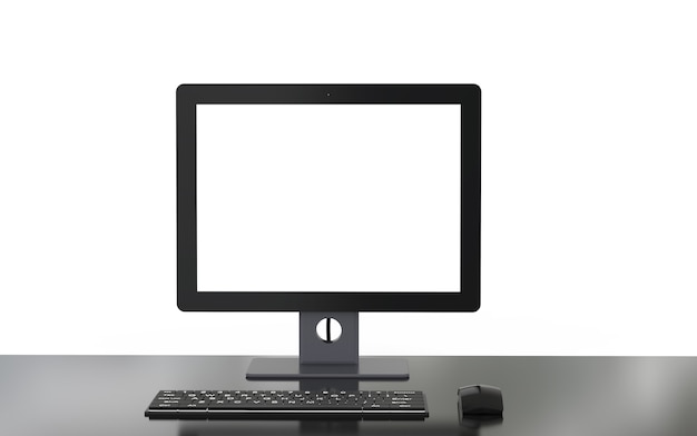 3d renderujący komputer z pustym ekranem z klawiaturą i myszą na białym tle