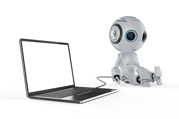 3d renderujący mini robot z notebookiem na białym tle
