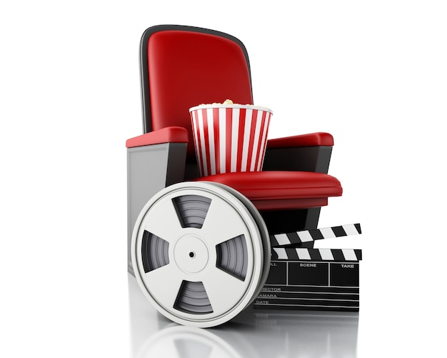 3d Rolka filmu, popcorn i kino klakier zarządu na siedzeniu teatru.
