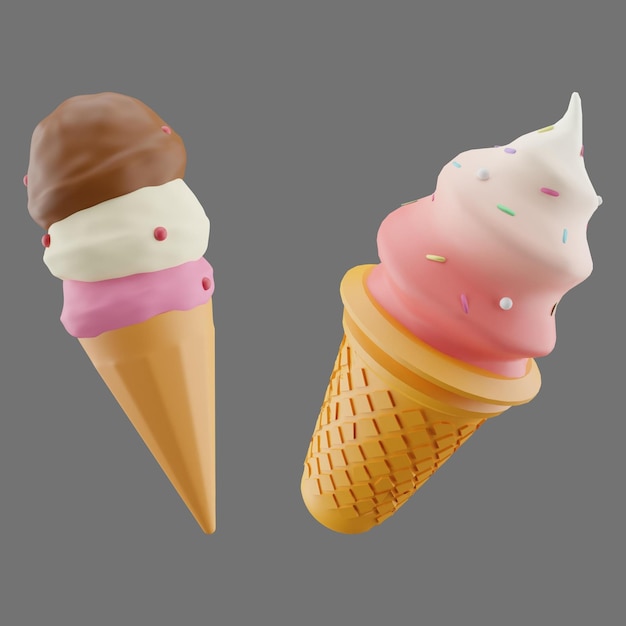 3D rożek do lodów Ilustracja 3D lodów i truskawek w rożku