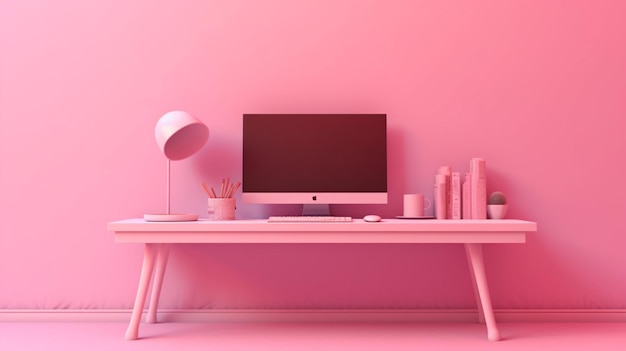 3d różowe biurko z monitorem komputerowym i różem