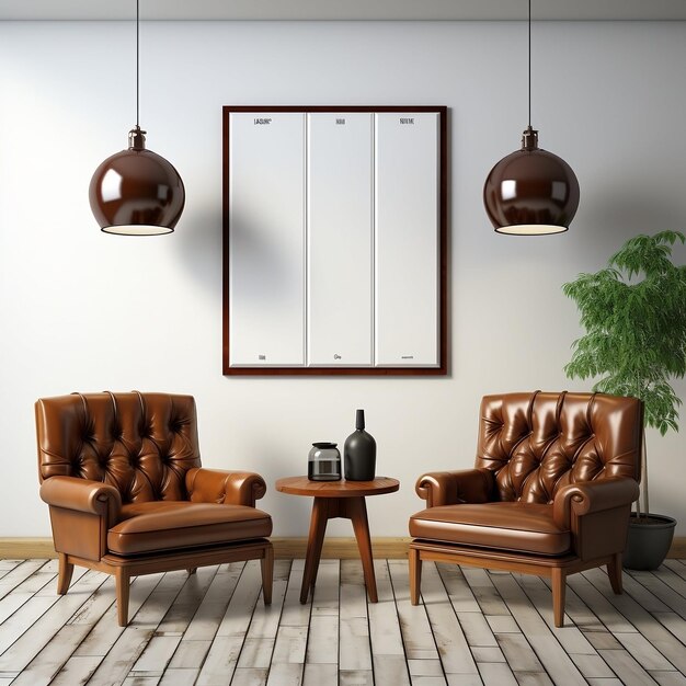 3D salon z dwoma brązowymi skórzanymi krzesłami i plakatami z płótna