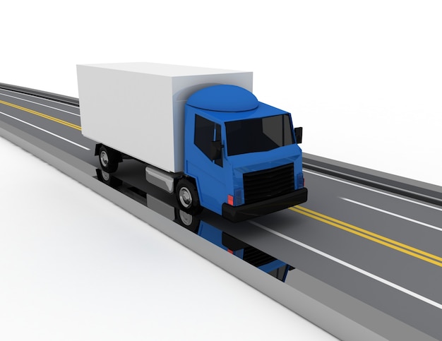 Zdjęcie 3d samochód ciężarowy na drodze. 3d renderowana ilustracja