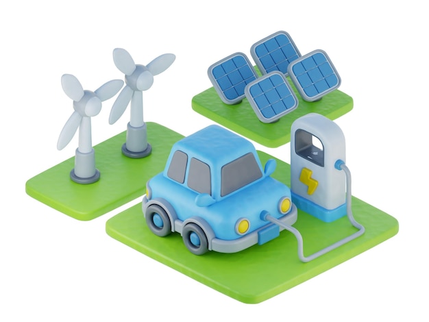 3d Samochód elektryczny z panelem słonecznym i turbinami wiatrowymi Podstawka ładowarki Środowiskowa energia alternatywna Renderowanie 3d w stylu kreskówek