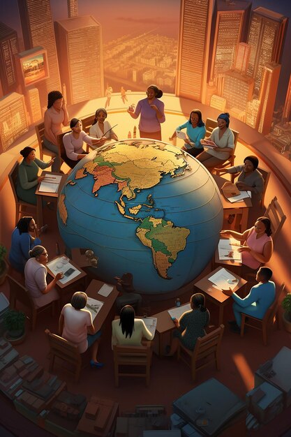 Zdjęcie 3d scena okrągłego stołu, w którym kobiety z różnych kultur i zawodów dyskutują i planują