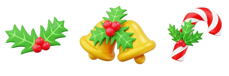 Zdjęcie 3d set mistletoe świąteczna dekoracja z ilustracją dzwonka i trzciny cukierkowej koncepcja projektowania świątecznego