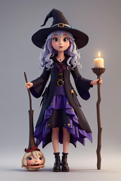 3D śliczna dziewczyna nosi sukienkę czarownicy na Halloween