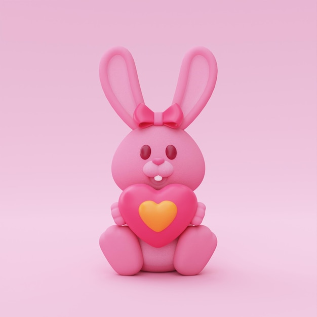 3d Śliczny pluszowy króliczek z balonami w kształcie serca na białym tle na różowym tle Element wystroju na Walentynki Easter'day Mother's Day lub urodziny renderowania 3d