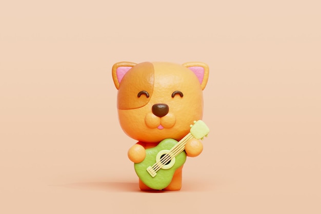 Zdjęcie 3d słodki pies grający na gitarze karikaturowa postać zwierzęca 3d rendering