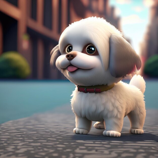 3D Słodki uśmiech mały maltański pies kawaii charakter realistyczny szczeniak