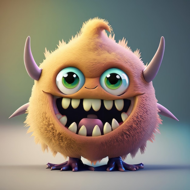 Zdjęcie 3d słodki uśmiech mały potwór kawaii postać realistyczny szczeniak
