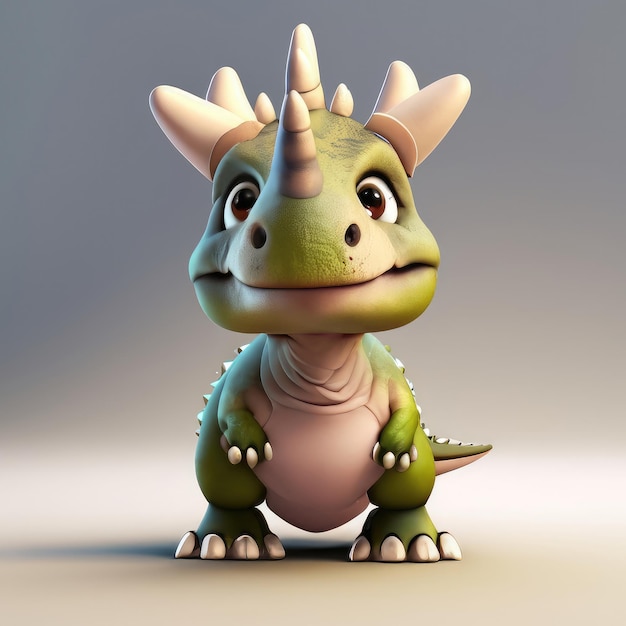 3D Słodki uśmiech mały Triceratops dinozaur kawaii charakter realistyczny szczeniak