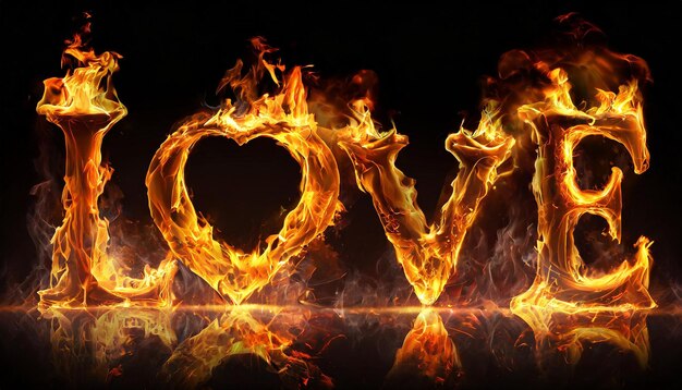 3D słowo LOVE zrobione z ognia płomienia czarnego tła Gorący pomarańczowy płomień