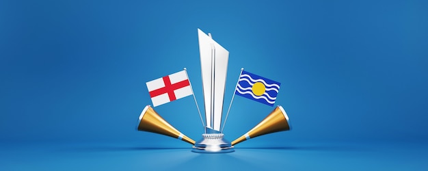3D Srebrne Zwycięskie Trofeum Z Uczestniczącymi Drużynami Flagi Anglii VS Zachodnie Indie I Złoty Vuvuzela Na Niebieskim Tle.