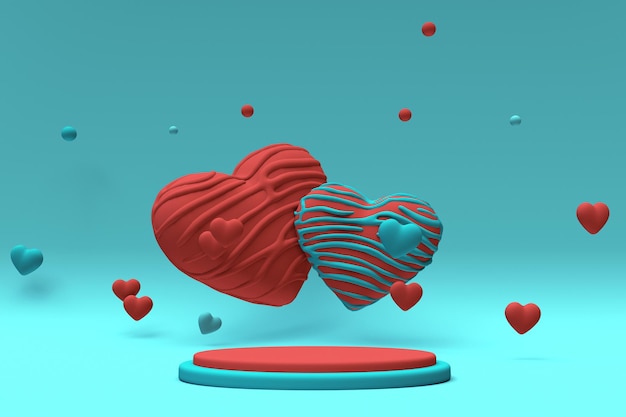 3d St Valentine Day Czerwony Niebieski Romantyczny Tło Z Podium I Kształt Serca Cukierków Kreatywne Projektowanie