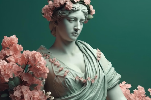 3d starożytna posąg kobiety greckie rzymskie dobroć popiersie rzeźba z różowymi i białymi kwiatami bukiet
