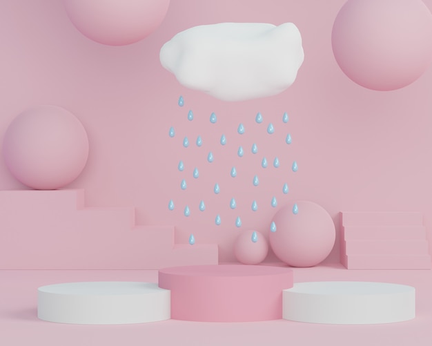 3d streszczenie minimalne formy geometryczne. Błyszczące luksusowe podium z chmurami i kroplą deszczu do projektowania. Pokaz mody, cokół, witryna sklepowa w kolorowym motywie.