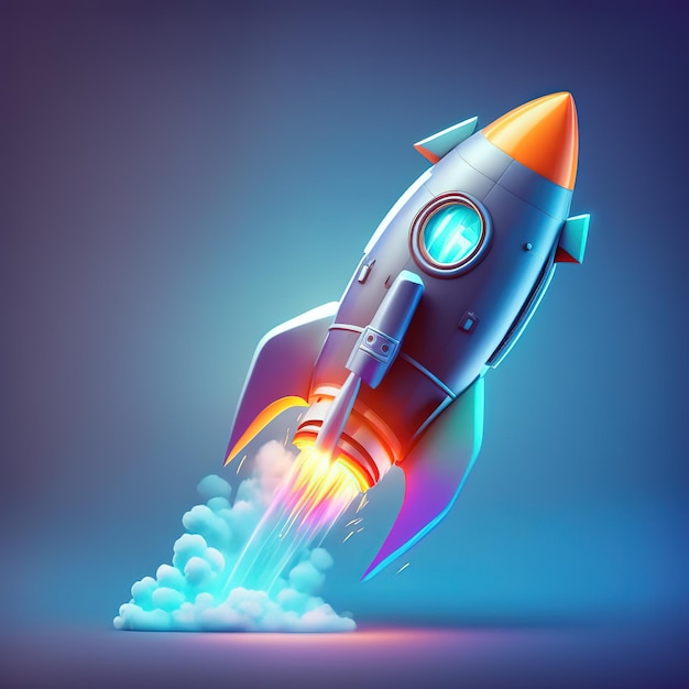 3d styl kreskówki minimalna ikona rakiety statku kosmicznego oświetlona przez neonową elektronikę izolowaną na niebieskim tle ilustracji 3d