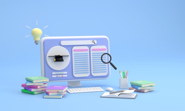 3D. sukces w nauce na ekranie komputera, który można przeszukiwać online Żarówka reprezentuje koncepcję edukacji, która jest szybka i dostępna dla ludzi za pośrednictwem ekranu komputera.