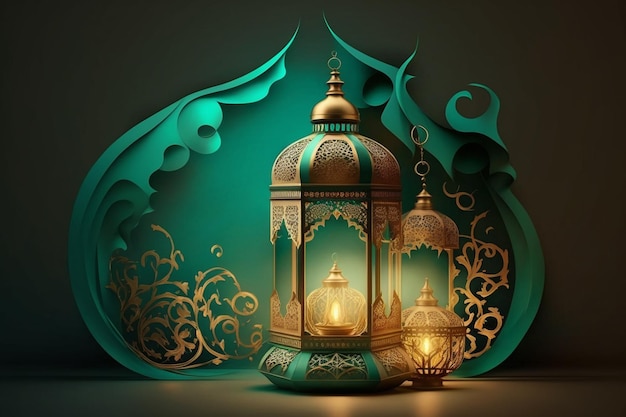 3D świąteczny projekt Ramadan Kareem i islamskie tło transparentu Eid Mubarak Świętuj święty miesiąc Ramadhan w islamskim tle Realistyczny 3d z wiszącymi latarniami w kształcie półksiężyca Generacyjna sztuczna inteligencja