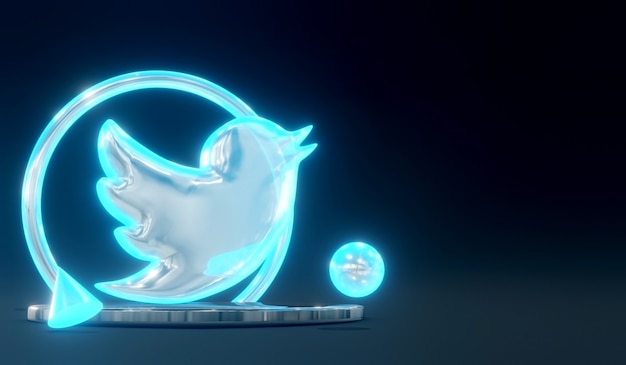 3D świecące szkło Twitter Social Media Logo na podium z ciemnym tłem