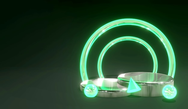 3D świecący szklany cylinder Podium Dwa gniazda z zielonym kolorem i ciemnym tłem
