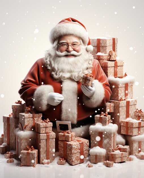 3d Święty Mikołaj z kilkoma pudełkami z prezentami na przejrzystym białym tle