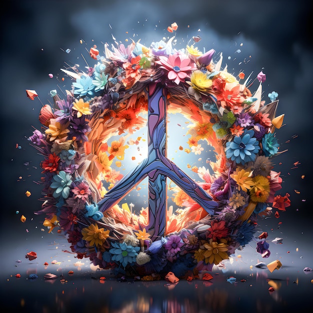 3d symbol pokoju z kolorowymi kwiatami Światowy dzień pokoju