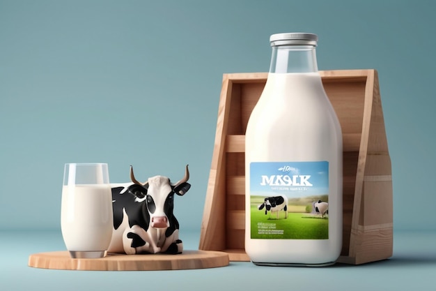 Zdjęcie 3d szablon reklamy mleka dla wyświetlania produktu mockup opakowania mleka ustawiony na miniaturowym gospodarstwie z krową