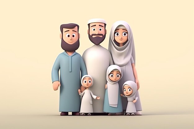 3D Szczęśliwa arabska rodzina spędza razem czas w ramadan eid Generative AI