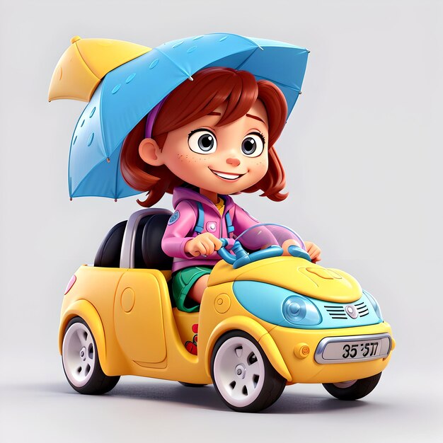 3D szczęśliwa ilustracja kreskówkowa nastolatki jeżdżącej samochodem z odzieżą przeciwdeszczową