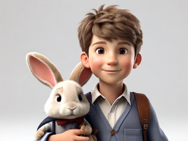 3D szczęśliwy kreskówkowy człowiek z króliczkiem na białym tle