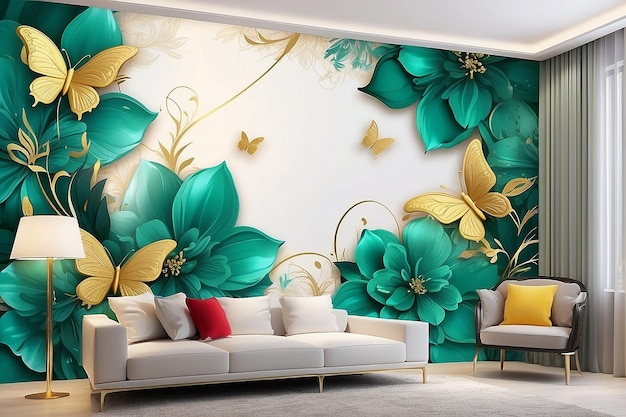 3d tapeta abstrakcyjne tło kwiatowe z zielonymi kwiatami i złotym motylem mural dla wnętrza domu