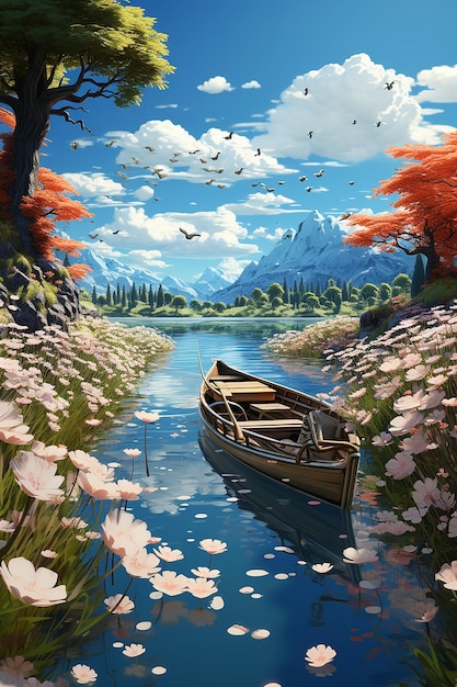 3D tapeta krajobrazu pokazująca kwiaty i trawę na polu w stylu romantycznego krajobrazu rzeki